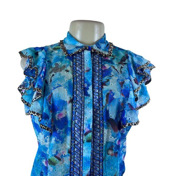 Justcavalli Womens Blue Cotton Printed Blouse Ruffled Sleeves & Leopard Trim 42 - Picture 4 of 9